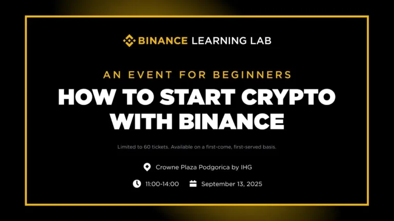 Binance Learning Lab radionica za početnike u Podgorici, Crna Gora, 13. septembra u hotelu Crowne Plaza, uz Binance Angel-e koji predaju osnove KYC-a, depozita i trgovanja, sa kafom, užinom, Q&A sesijom i prilikama za networking